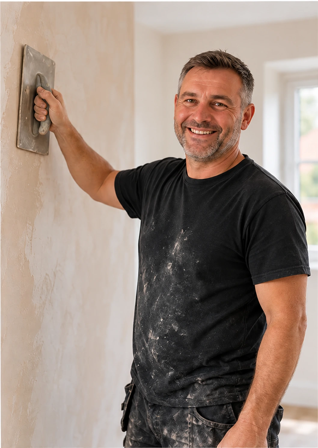 Friendly tradesperson holding a plastering trowel